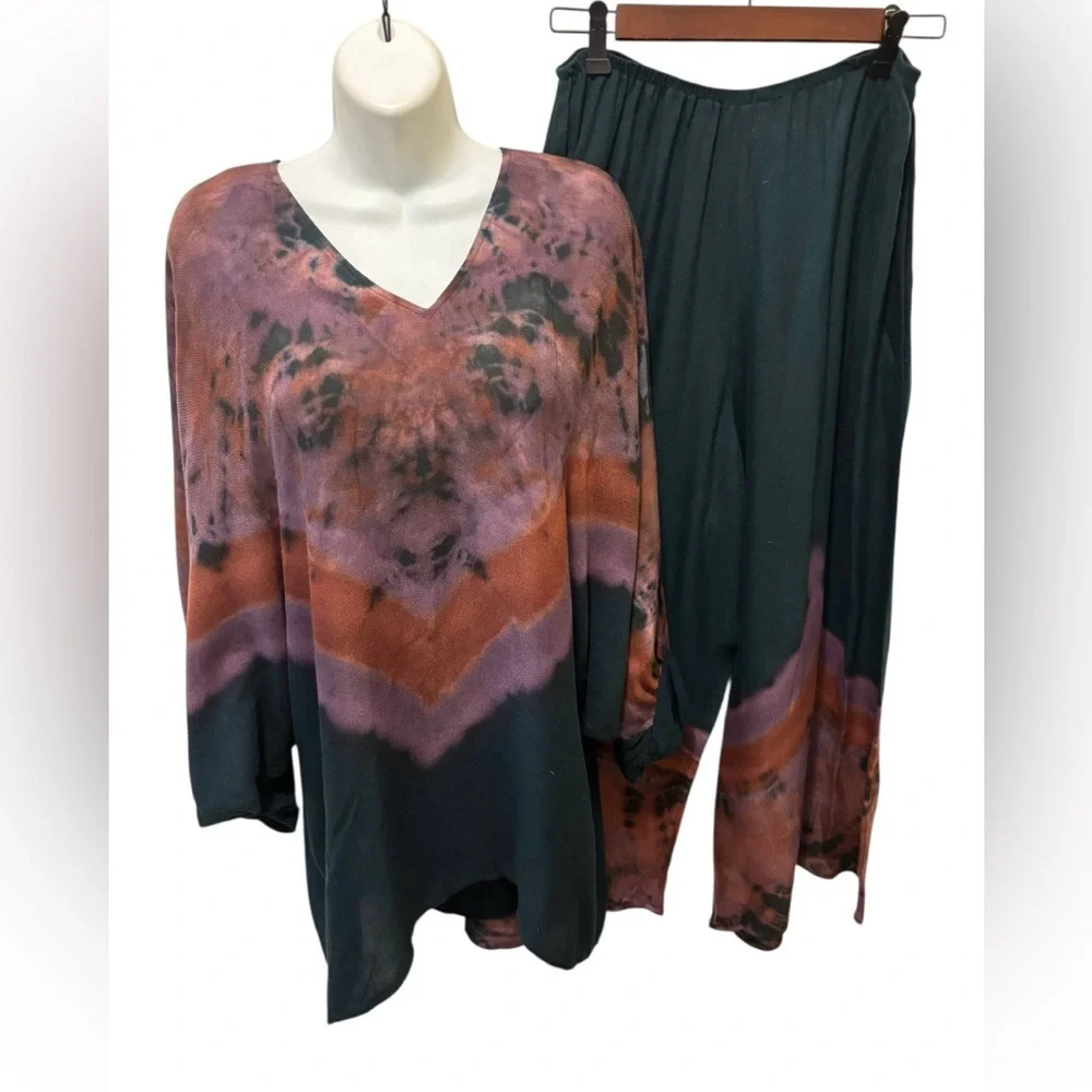 VTG Carole Dolighan Art 2 Wear Artsy 2PC Set L Dolman V Neck Tunic Wide Leg Pant